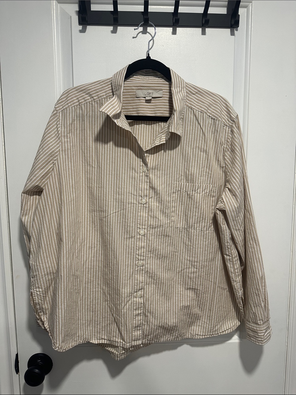 LOFT Beige and White Striped Women's Button-Down Shirt